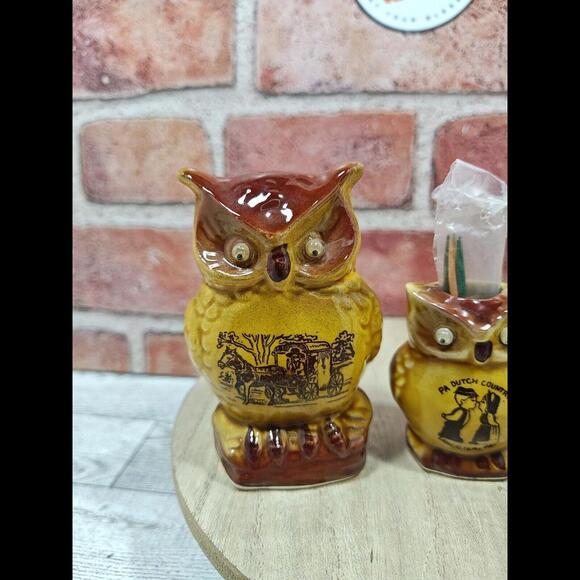 Vintage Owl Salt & Pepper Shakers, Toothpicks Horse Carriage, Googly Eyes, Amish - Picture 2 of 10